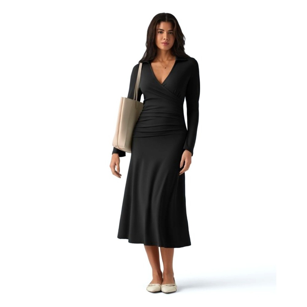 Halara Midi Dress Women Large Black Long Sleeve Ruched Wrap V-Neck - NWT
